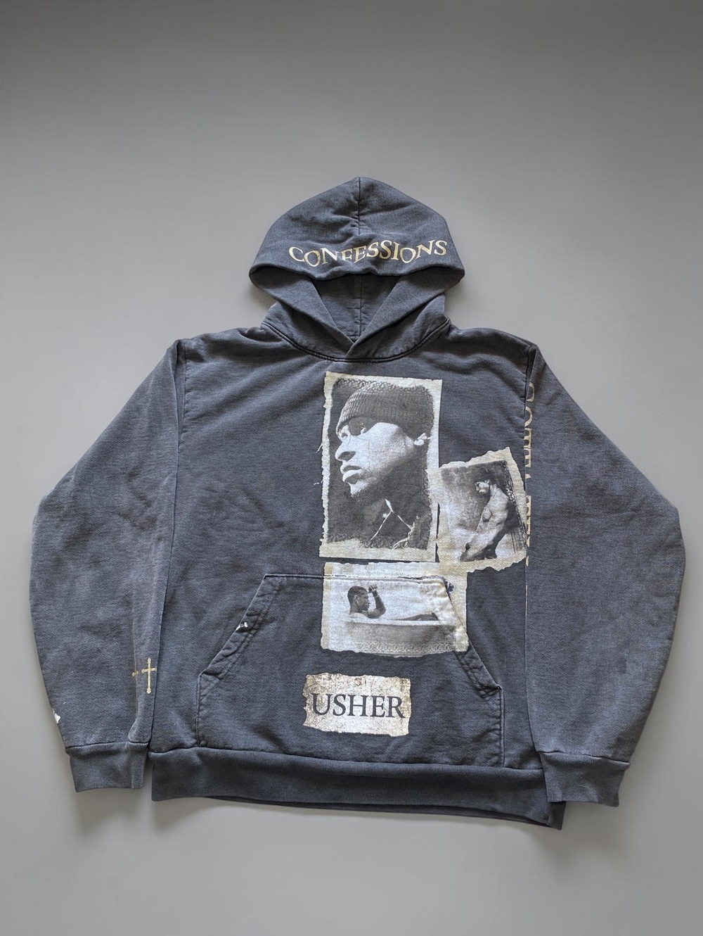 Usher Mens Hoodie M Heavyweight Washed Charcoal Grey Cotton Confessions Merch